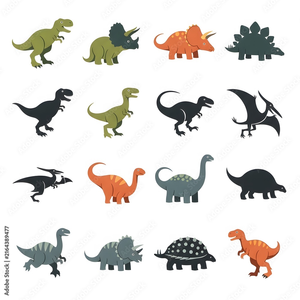 Fototapeta premium Set of sixteen flat dinosaur including t-rex, triceratops, stegosaurus, and pterodactyl in various colors and black silhouettes