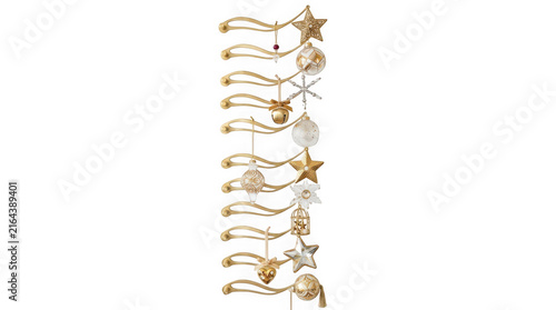 Decorative gold metal wall display rack with various hanging christmas ornaments isolated on transparent background