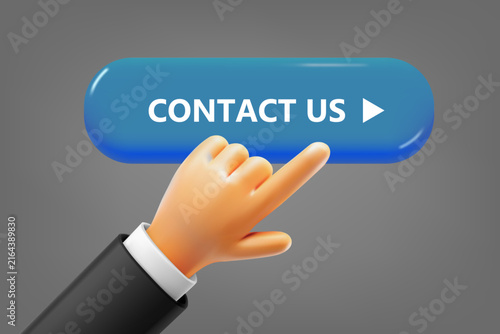 Hand pressing button. Contact us. 3d vector illustration