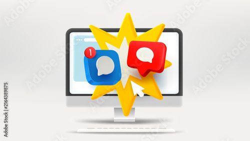 Chat icons on modern monitor. Vector 3d editorial illustration