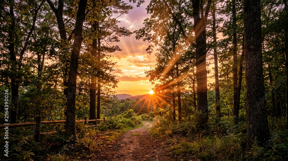 Fototapeta premium Forest path bathed in golden sunset light, sun rays piercing through trees