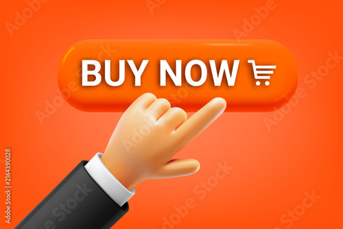 Hand pressing BUY NOW button. 3d vector illustration