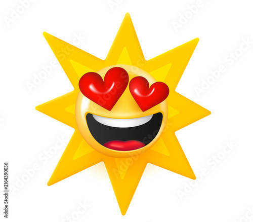 Emoticon hearts and yellow rays. 3d vector illustration