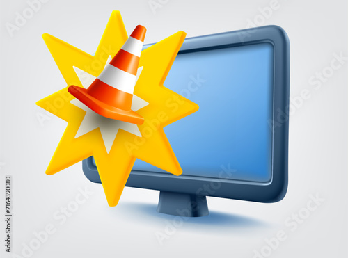 Modern computer with orange cone. Site under construction concept. Vector 3d illustration