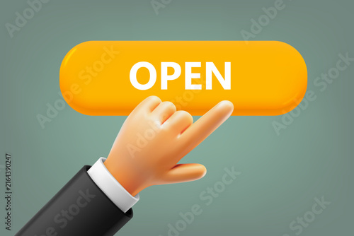 Hand pressing button. Open. 3d vector illustration
