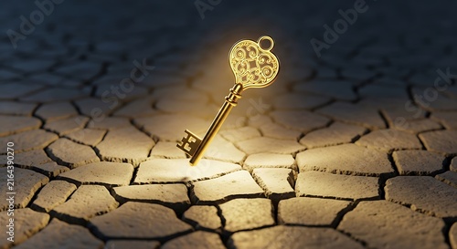 Glowing golden key on cracked desert ground, ornate vintage key of success in dry earth, glowing solution and discovery concept