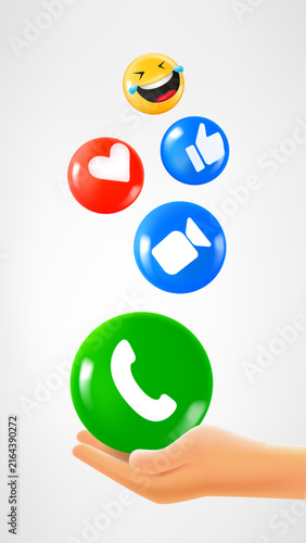 Hand holding telephone app icon and reaction icons falling down. 3d vector illustration
