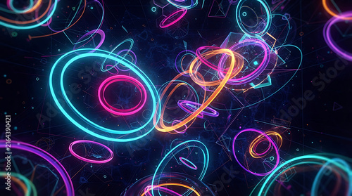 Abstract neon glowing circles and particles floating in deep dark space with vibrant blue pink and orange light trails creating a futuristic digital technology motion background effect