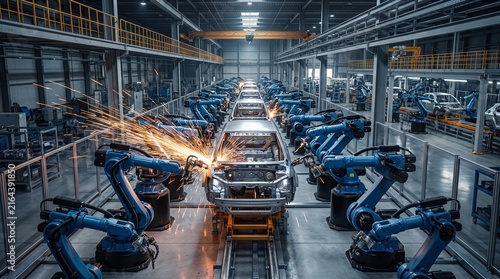 Blue industrial robots welding car bodies on an assembly line in a modern car factory