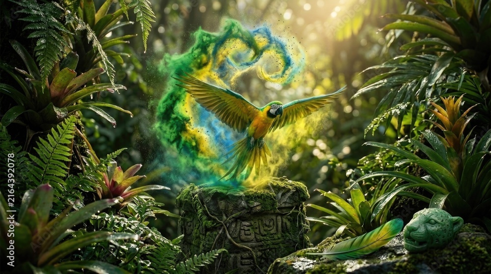 Fototapeta premium Macaw parrot flying in wild jungle, showing green and yellow color dust trail to celebrate Brazilian Independence Day on September 7, presenting exotic tropical nature bird.