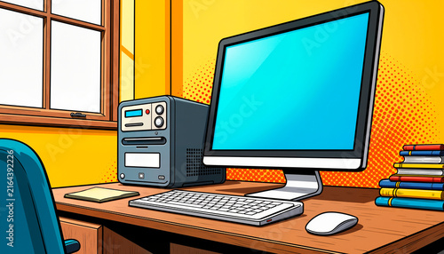 Modern computer setup with monitor and accessories in a bright room, Pop Art Style    