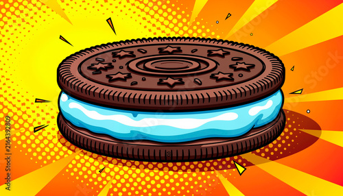 Cartoon illustration of a chocolate sandwich cookie with blue filling, Pop Art Style  