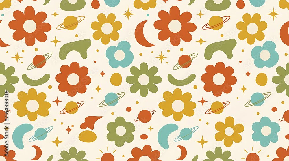 Retro pixel art seamless pattern with colorful flowers and abstract shapes in seventies style for vintage textile design and decorative wrapping paper background