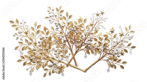 Elegant gold christmas branch decoration with berries and stars isolated on transparent background