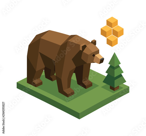 Geometric brown bear stands on green grass near a pine tree and honeycomb