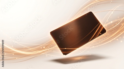 Futuristic Copper Metal Payment Card Floating with Dynamic Light Trails