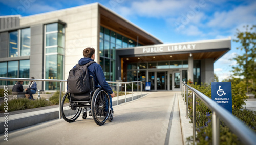 A young man in a wheelchair uses an outdoor accessibility ramp to enter a modern public library, illustrating the concept of inclusive education and equal access for students with disabilities.