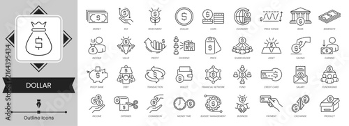 Minimal Dollar Money and Finance Icon Collection Featuring Currency, Cash, Coins, Banknotes, Wallet, Banking, Payment, Investment, Savings, Budget, Financial Planning, Business and Economic Symbols