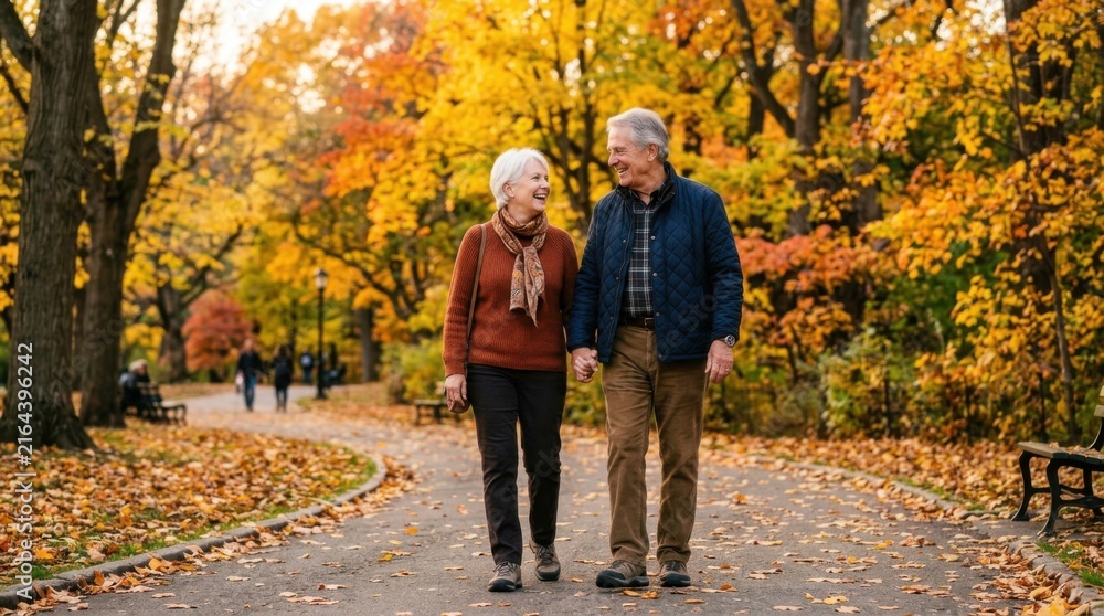 Fototapeta premium Elderly couple walking hand-in-hand in a park during autumn with colorful fall foliage.