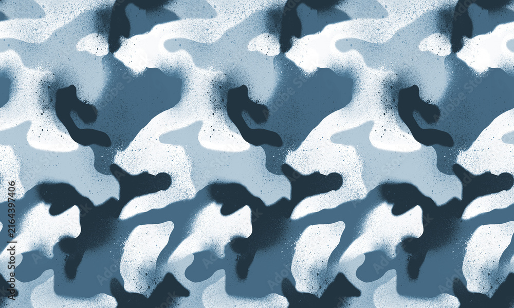 Camouflage seamless pattern with organic abstract shapes, distressed texture, and speckled details for military, outdoor, and fashion textile designs.