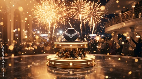 A luxurious diamond necklace displayed on a golden pedestal with fireworks in the background, perfect for festive jewelry marketing