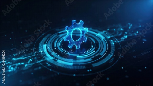 A digital glowing blue gear icon floats over a futuristic tech circuit HUD interface. Ideal for automation, engineering, and cybersecurity marketing concepts.