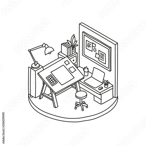 Isometric Creative Designer Workspace With Drafting Table Laptop Noticeboard And Accessories