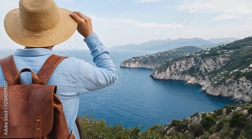 Traveler Gazing at Serene Coastal View from Elevated Cliffs in Lush Natural Landscape
