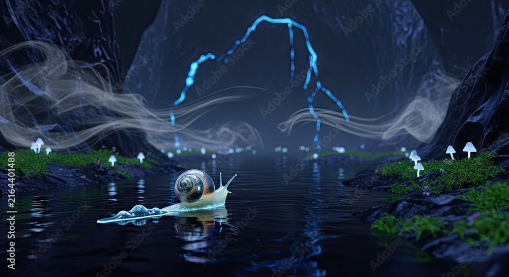 Obraz premium Snail on glowing mushrooms in dark fantasy forest.