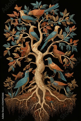 Tree of life with colorful birds and intricate botanical branches on black background