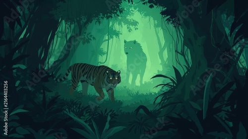 Jungle Encounter: A majestic tiger emerges from the dense jungle foliage, its eyes glowing with an eerie intensity, while a shadowy wolf looms in the misty background.