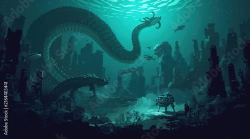 Mysterious Underwater Realm: A colossal serpent-like creature, with a dragon-like head, coils through the ruins of an ancient sunken city.