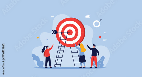 Group of people stand in front of a giant target with a ladder representing teamwork and reaching high business goals.
