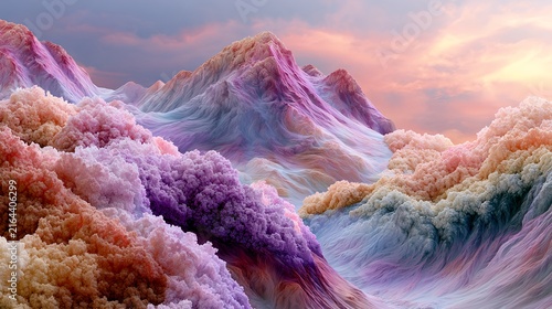Pastel fantasy mountain landscape with colorful surreal scenery