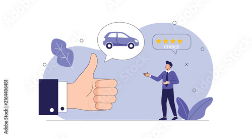 Customer satisfaction and positive reviews for automotive services showing a professional man presenting high ratings and car icons on a board.