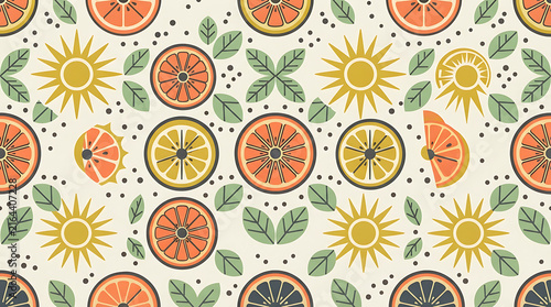 Pixel art seamless pattern with fresh citrus oranges and lemons with green leaves in a retro summer style design for textile wallpaper or wrapping paper print