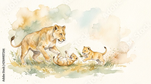 Watercolor Lioness and Cubs Playing Illustration, Soft Gold and Sage Green Wildlife Art with Dreamy Negative Space Background