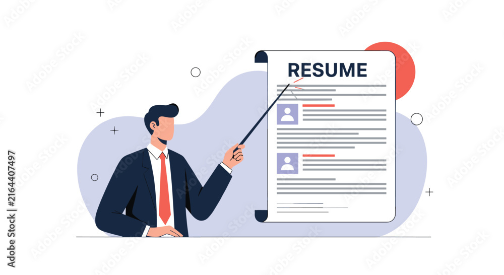 Fototapeta premium Recruiter pointing at giant resume document with a stick representing human resources management and the job application screening process.