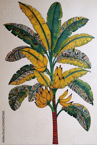 Colorful banana tree with patterned tropical leaves and fruit illustration