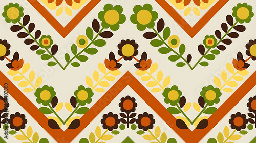 Seamless pattern with pixel art floral motifs and zigzag lines in autumn colors like yellow orange and green for retro textile design and digital decoration backgrounds and fabric prints