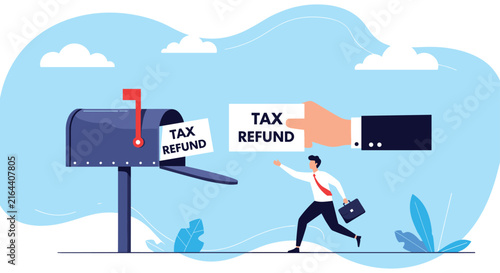 Businessman runs eagerly toward a large mailbox as a giant hand deposits a tax refund check into the slot.