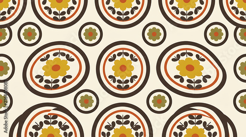 Seamless pattern with geometric circles and flowers in retro colors of yellow brown and orange