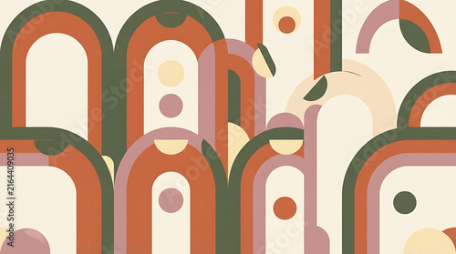 Abstract bohemian pattern with rounded arches and geometric shapes in warm earth tones for modern design projects and decorative wallpaper backgrounds