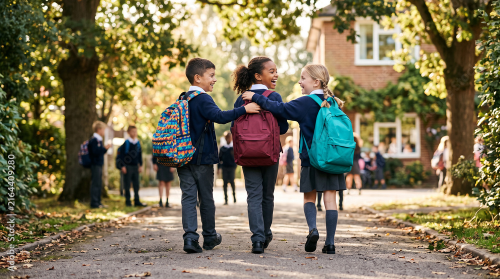 Fototapeta premium Children in school uniform walking together, showcasing friendship and camaraderie, representing education and youth.