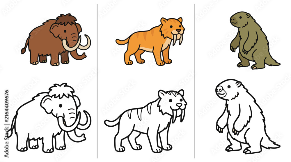 Naklejka premium Cute Prehistoric Creatures Coloring Book Page, Mammoth Saber Tooth Cat and Sloth Outlines