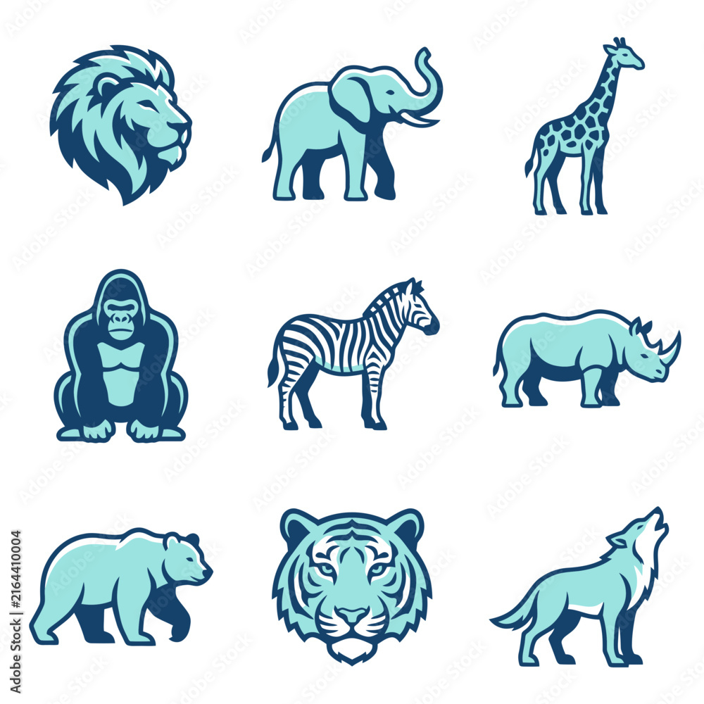 Naklejka premium Blue wildlife animal vector icons set featuring lion, elephant, tiger, and safari creatures.