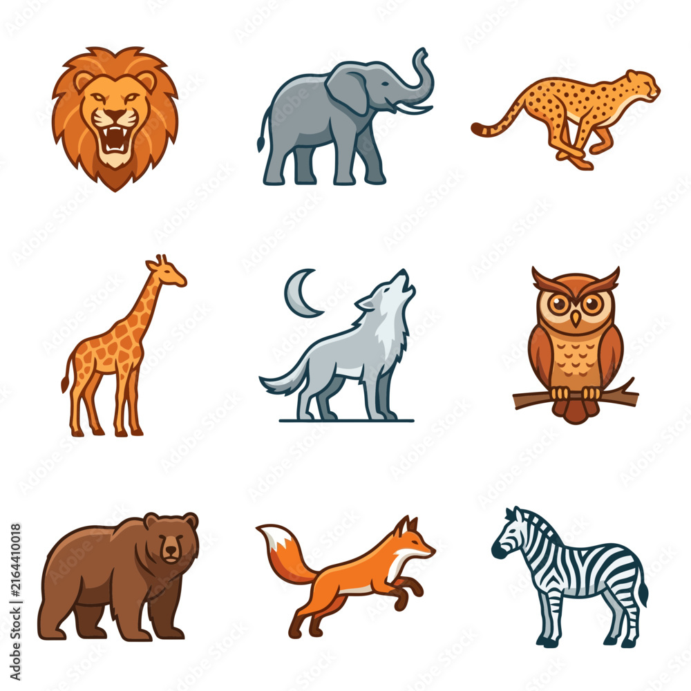 Naklejka premium Set of wild animal vector icons including lion elephant cheetah giraffe wolf owl bear fox and zebra