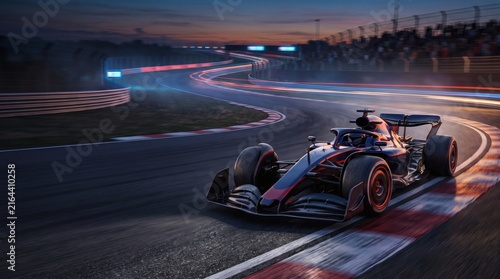 High-Speed Race Car Navigating a Curved Track at Night with Light Trails.