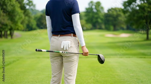 Female golfer holding a golf club on a lush green golf course viewed from behind