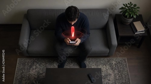 Young Man Using Smartphone on Gray Sofa with Glowing Location Pin in Modern Living Room